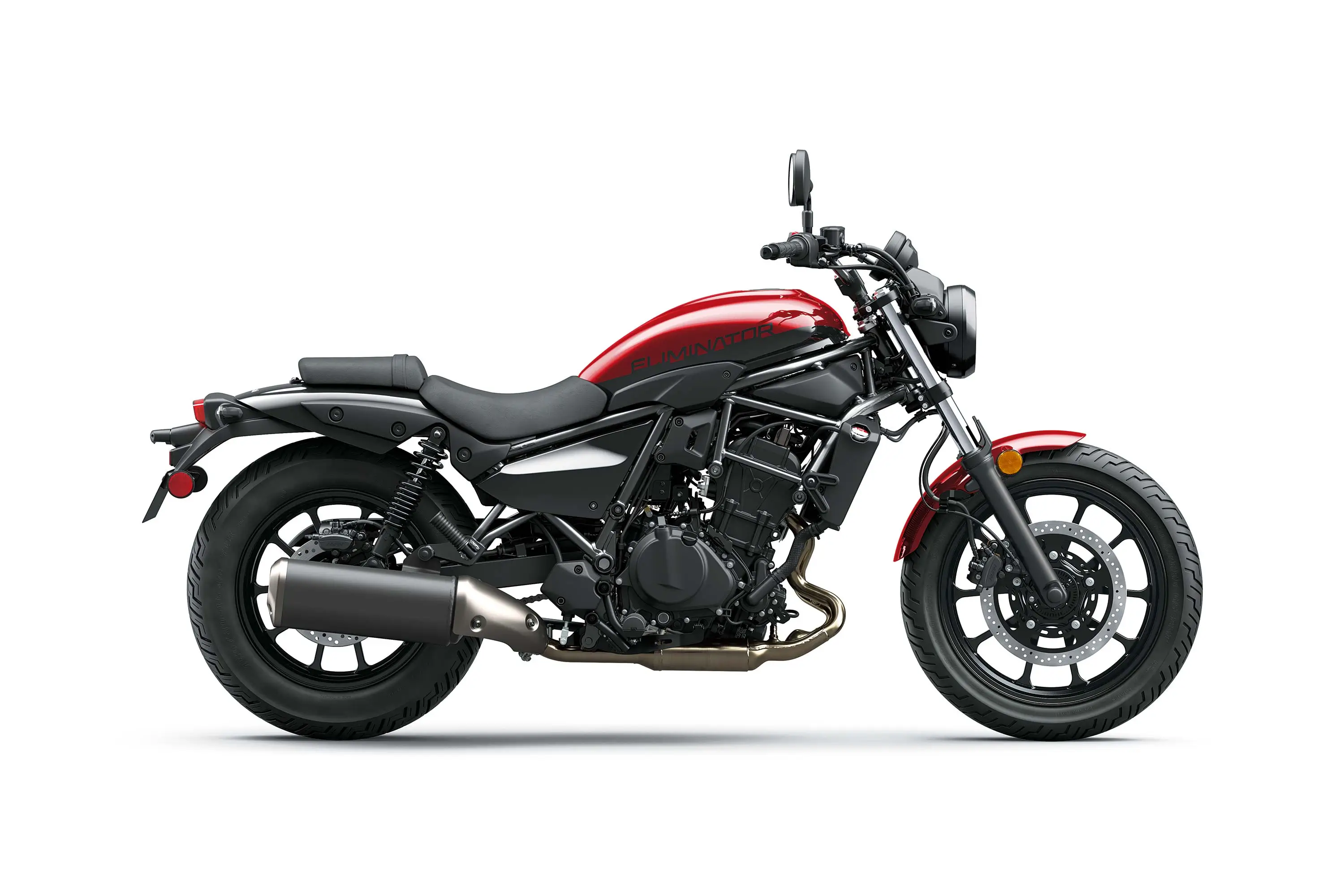 Side angle of a motorcycle staged in a white studio background.