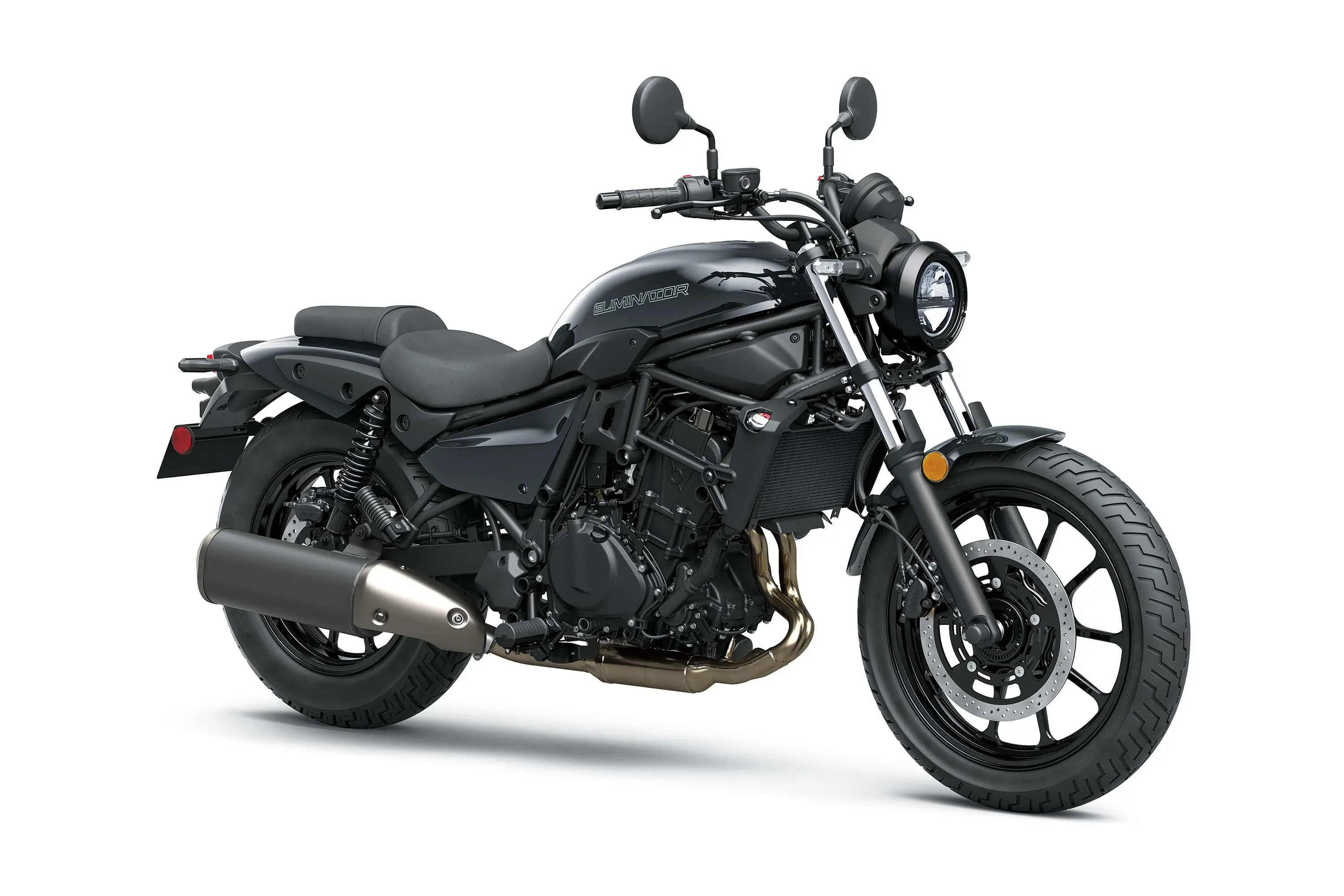 Front three-quarter angle of a black motorcycle staged in a white studio background.