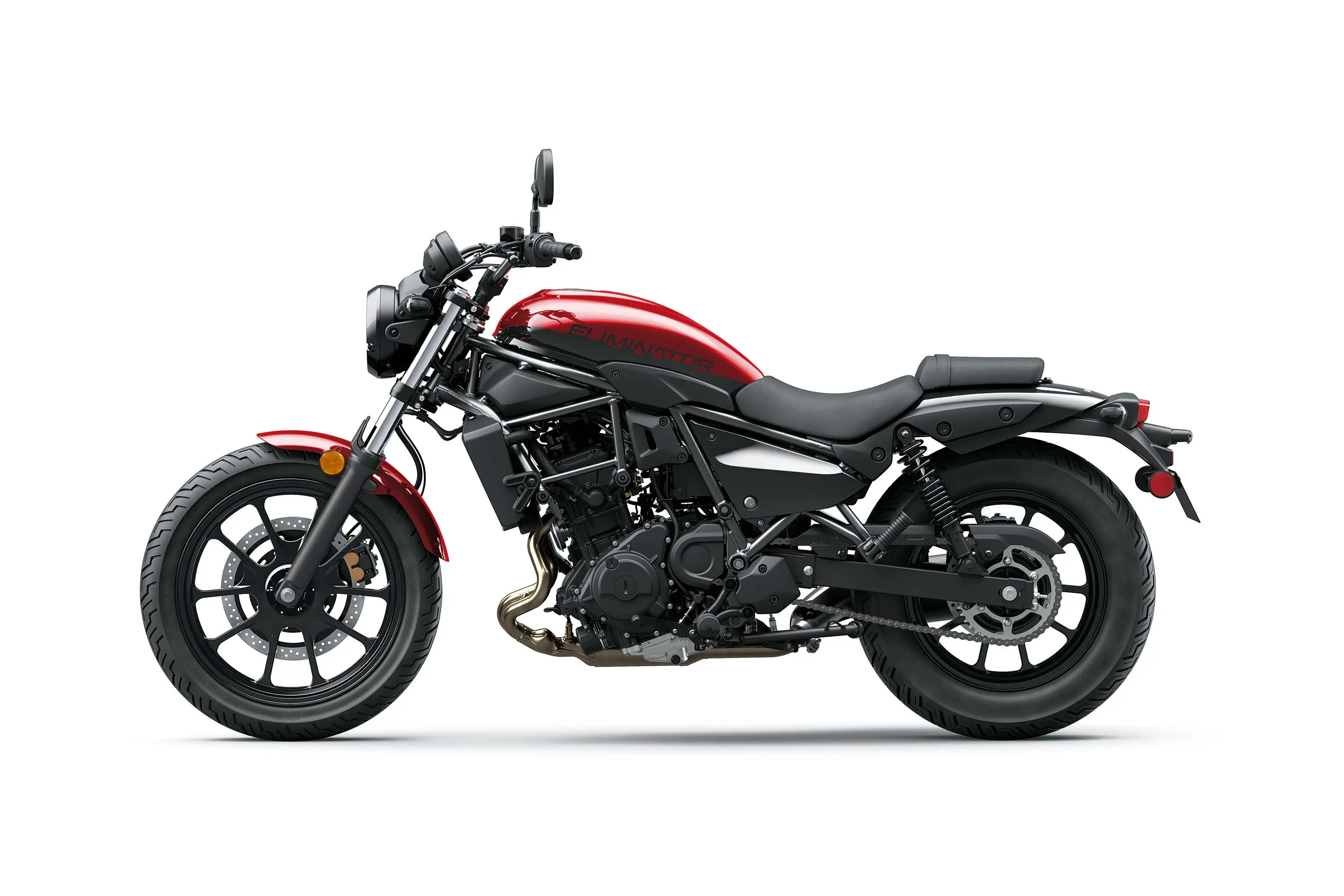 Profile angle of a motorcycle staged in a white studio background.