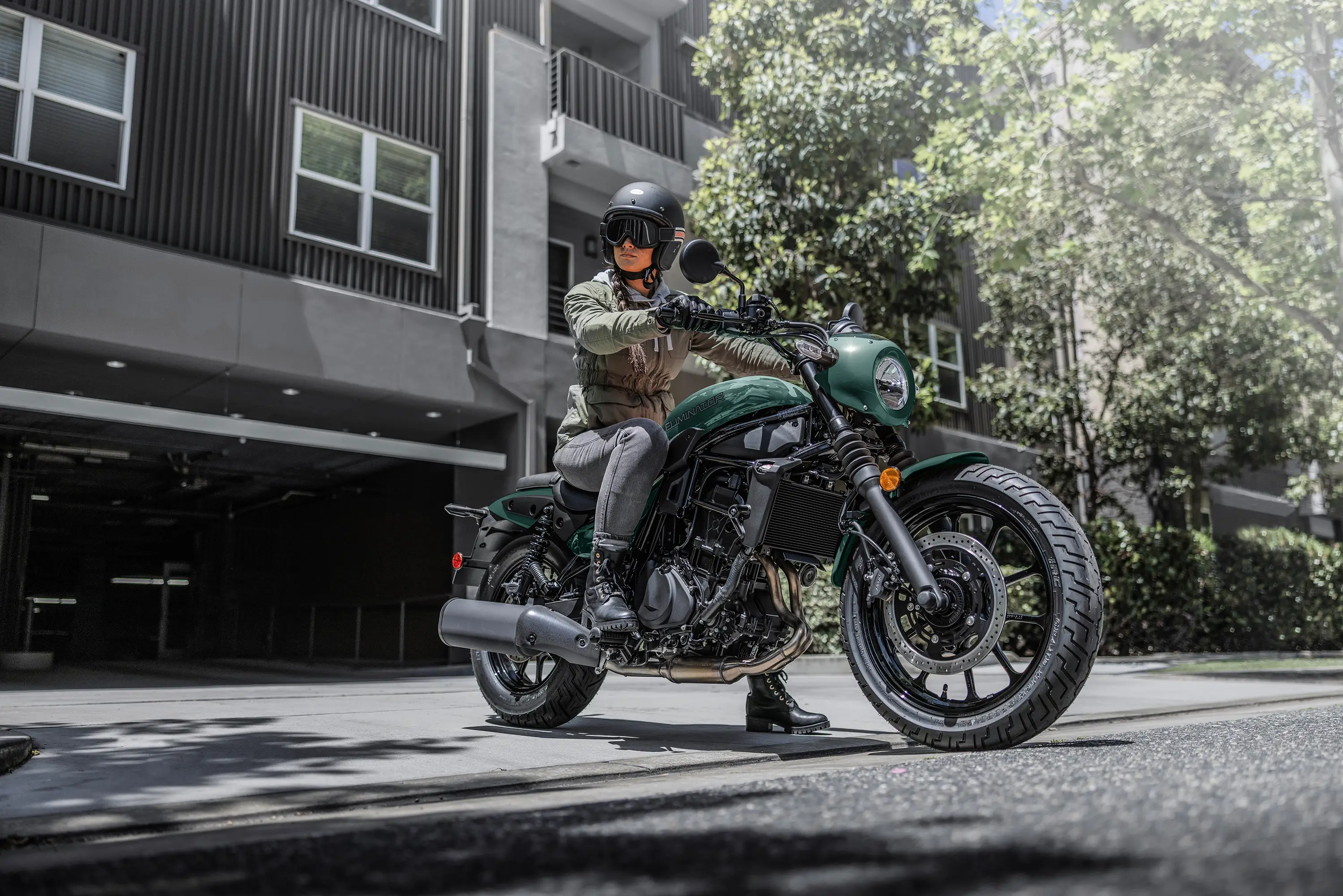 Three-quarter front angle of a motorcycle parked.