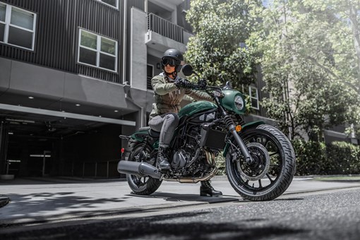 Three-quarter front angle of a motorcycle parked. opens in a new window