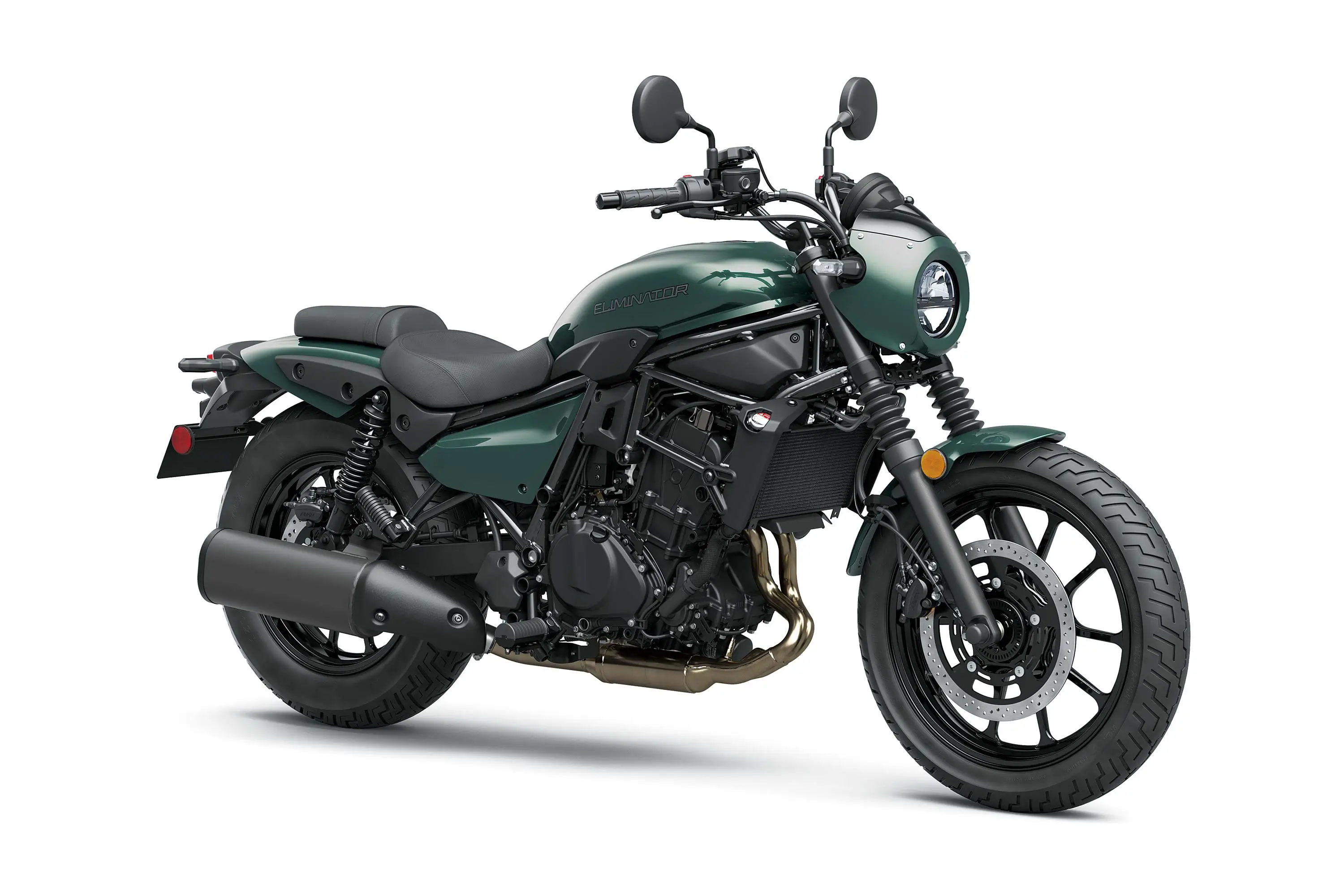 Three-quarter front angle of a motorcycle staged in a white studio background.