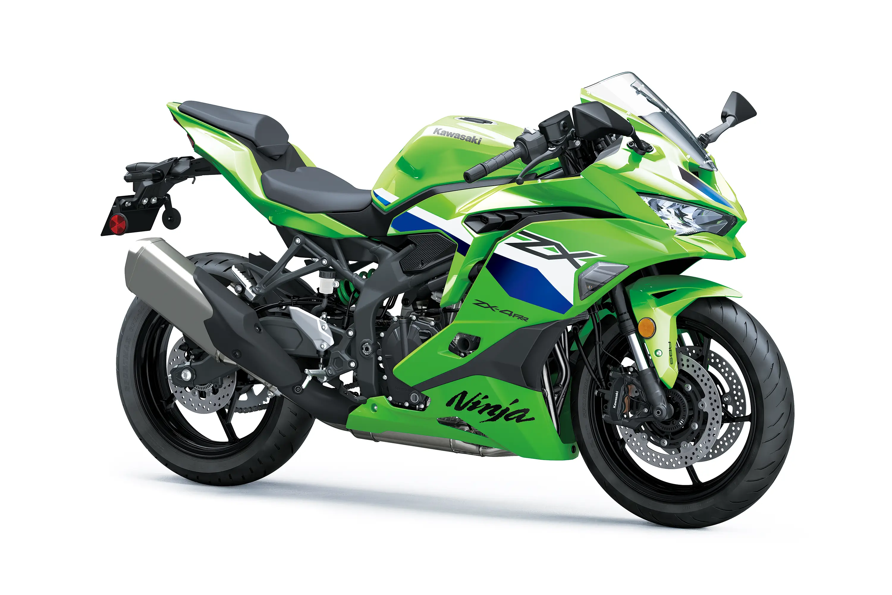 Three-quarter front angle of a motorcycle staged in a white studio background.