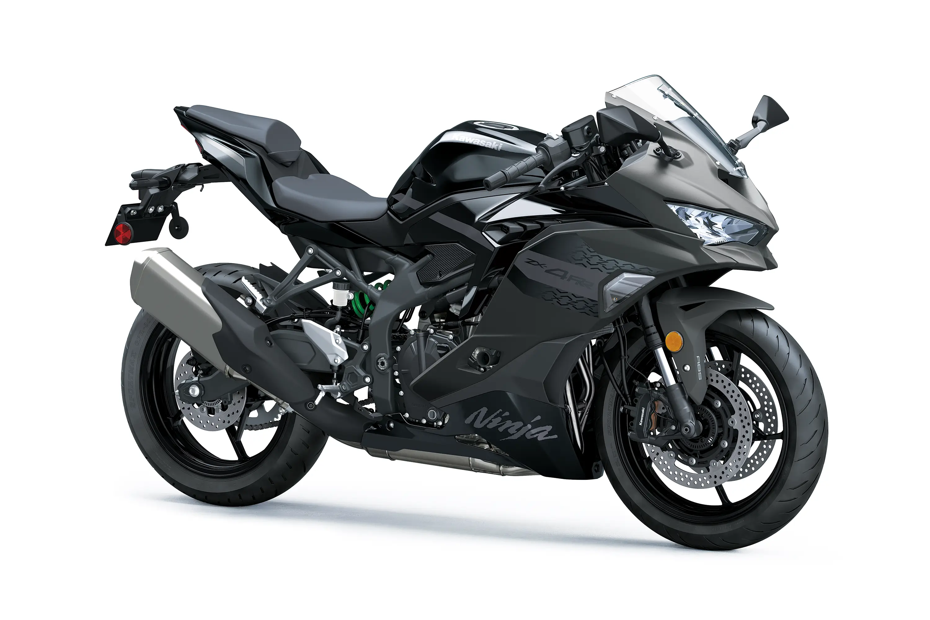 Three-quarter front angle of a black motorcycle staged in a white studio background.