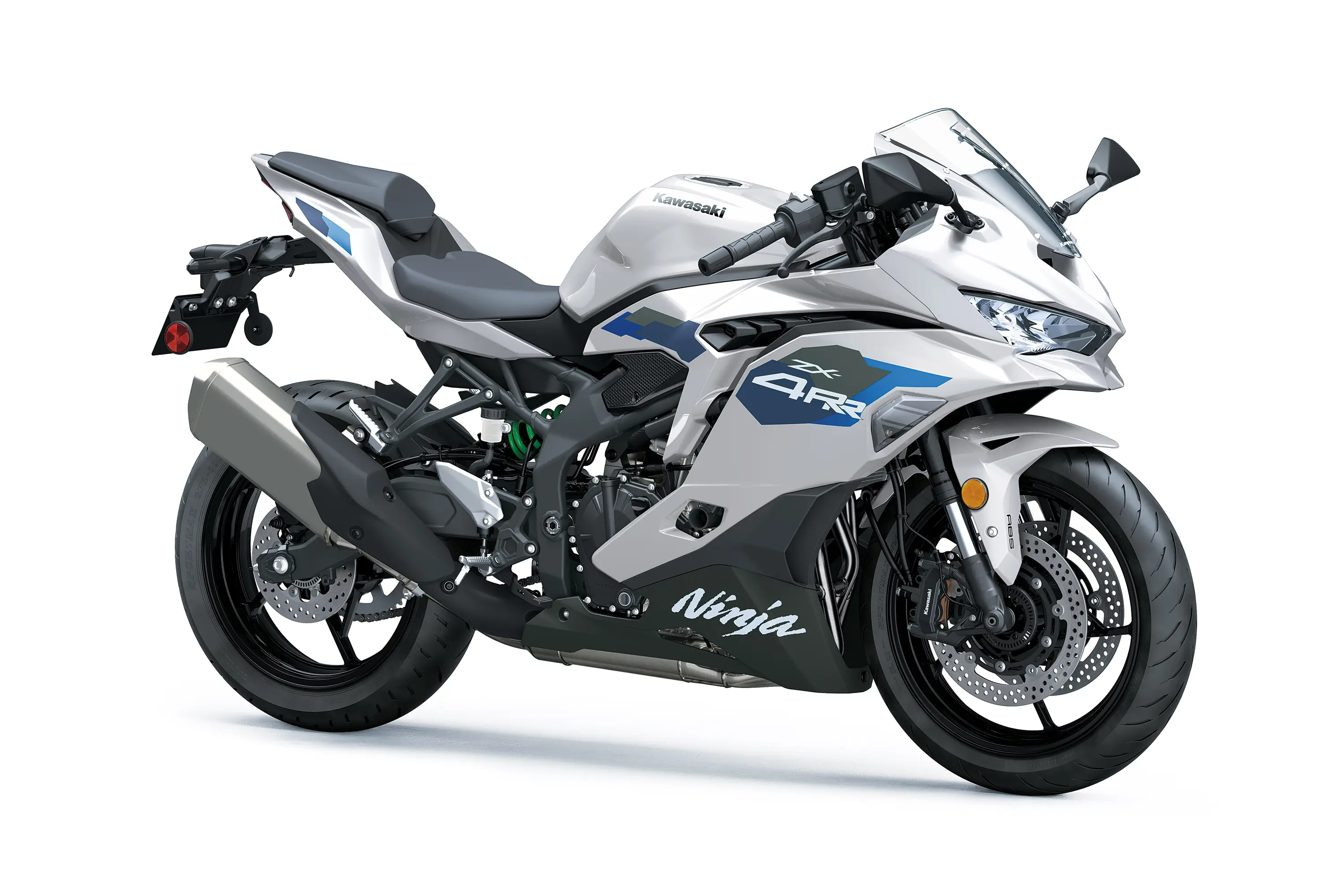 Three-quarter front angle of a silver motorcycle staged in a white studio background.