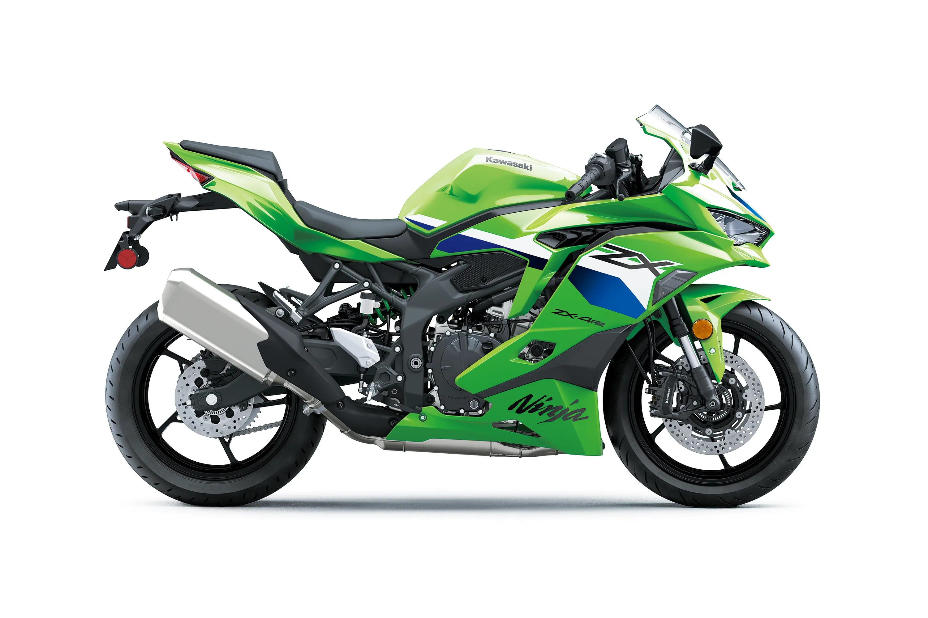 Profile angle of a motorcycle staged in a white studio background.