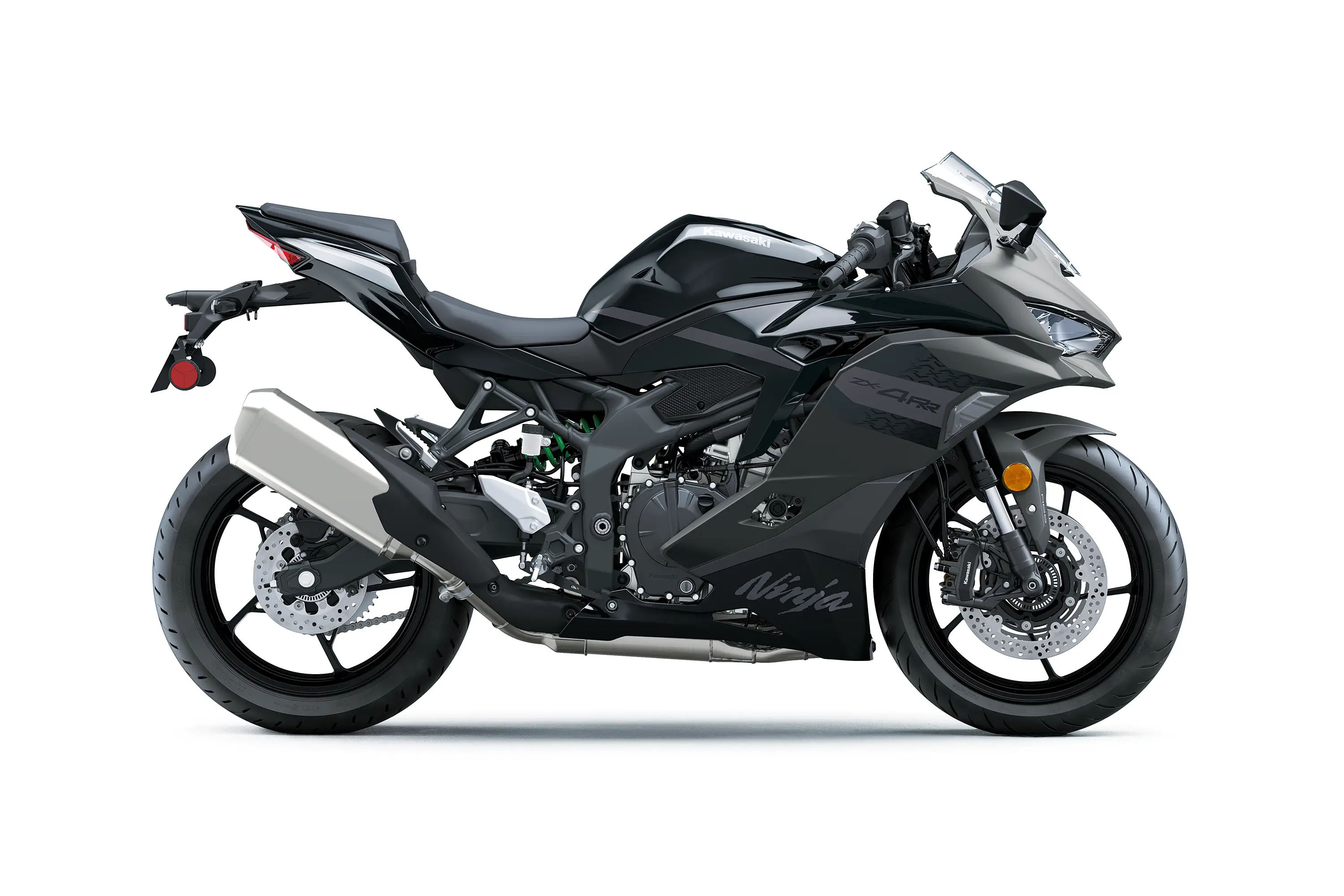 Profile angle of a black motorcycle staged in a white studio background.