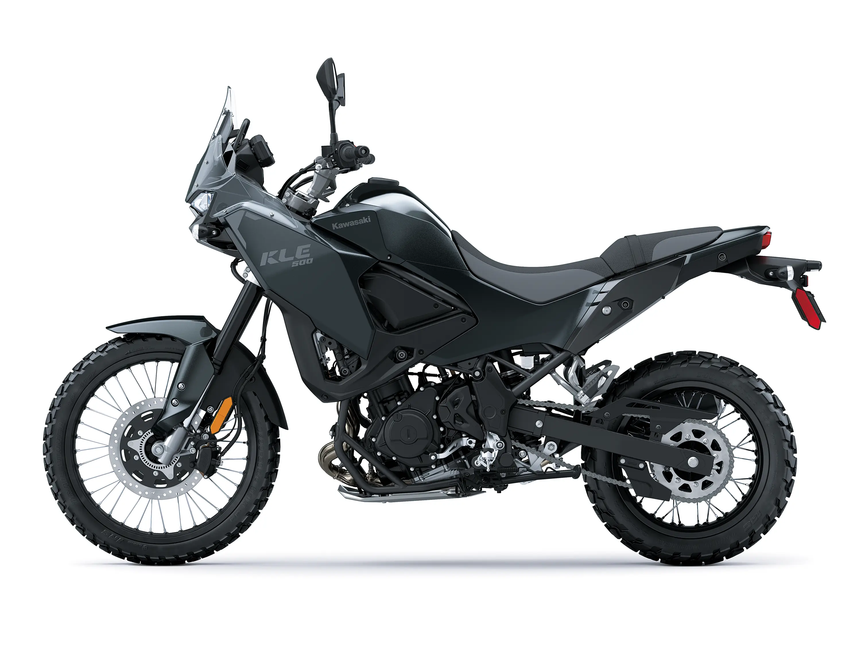 Profile angle of a motorcycle staged in a white studio background.