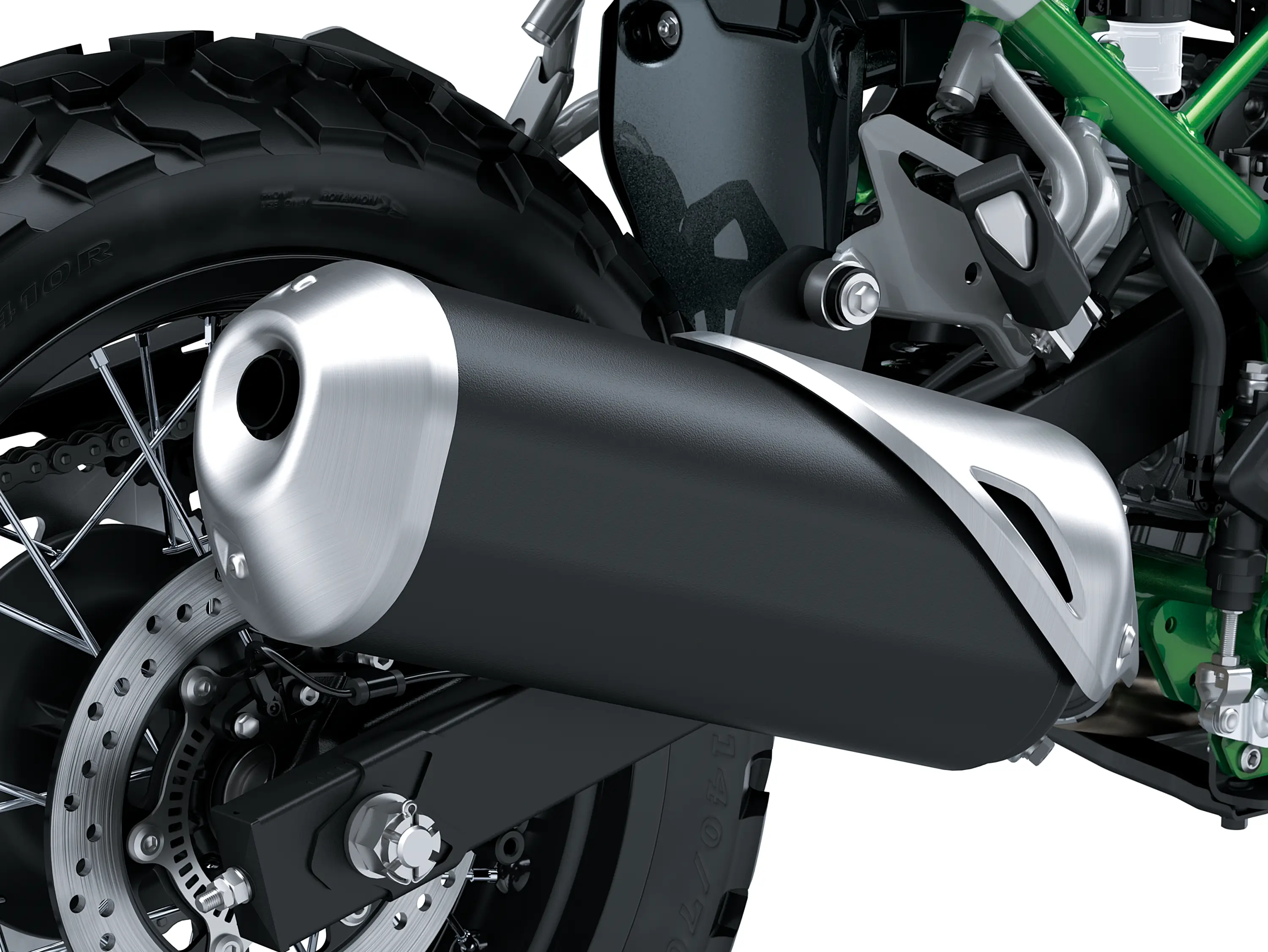 Exhaust pipe of a motorcycle staged in a white studio background.