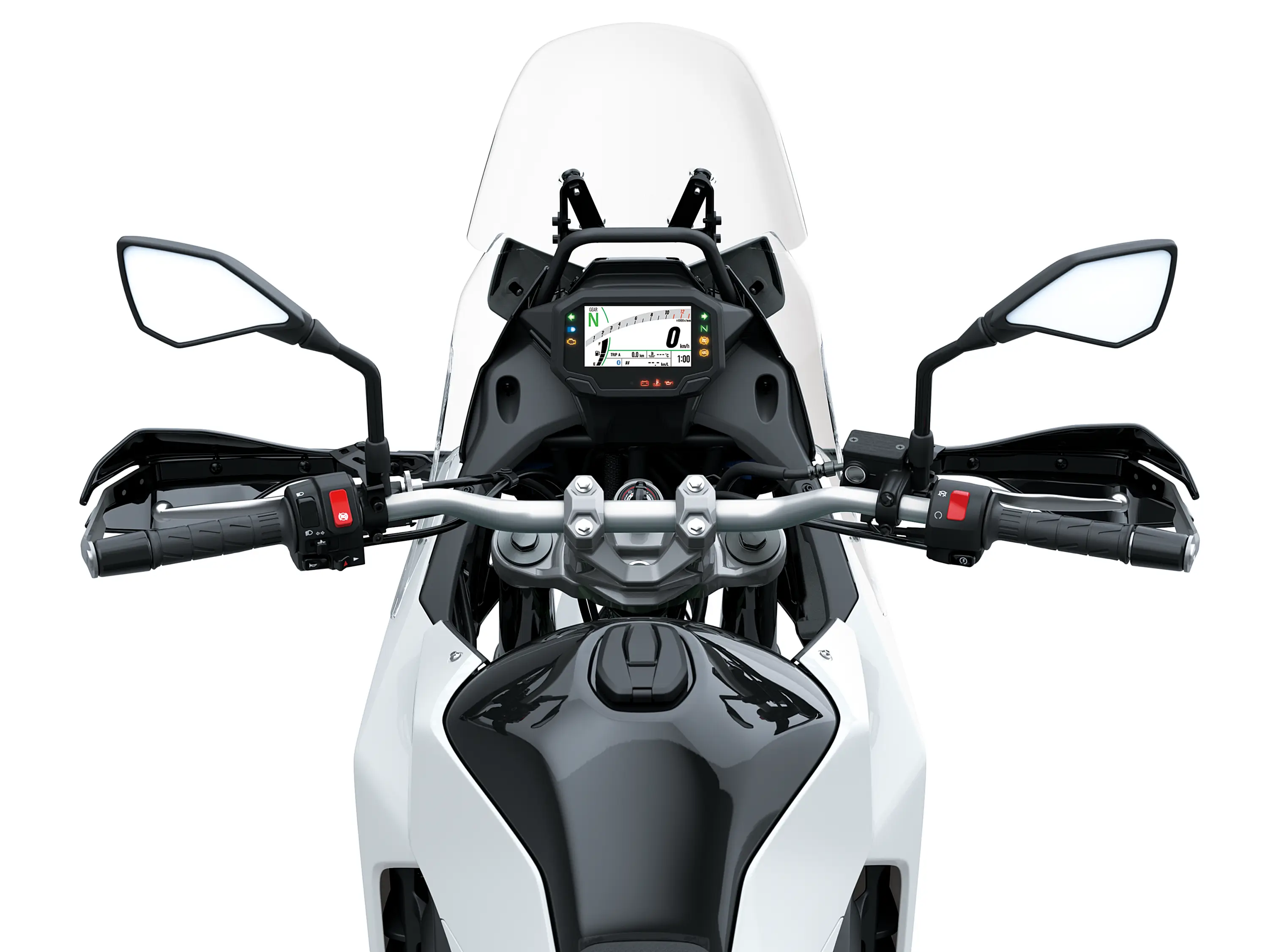 Rider angle of a motorcycle staged in a white studio background.