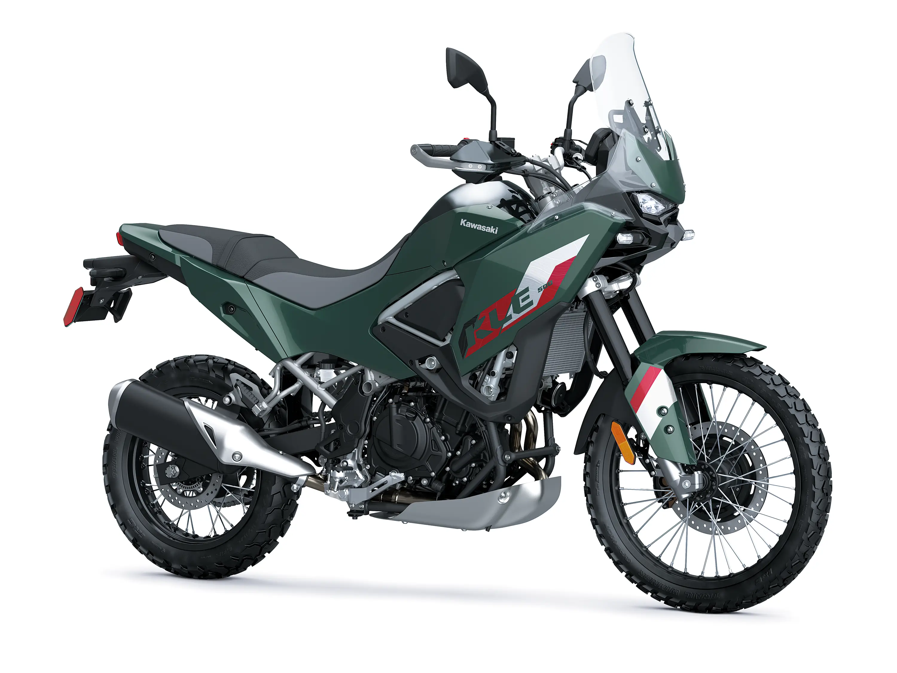 Three-quarter front angle of a gray/green motorcycle staged in a white studio background.