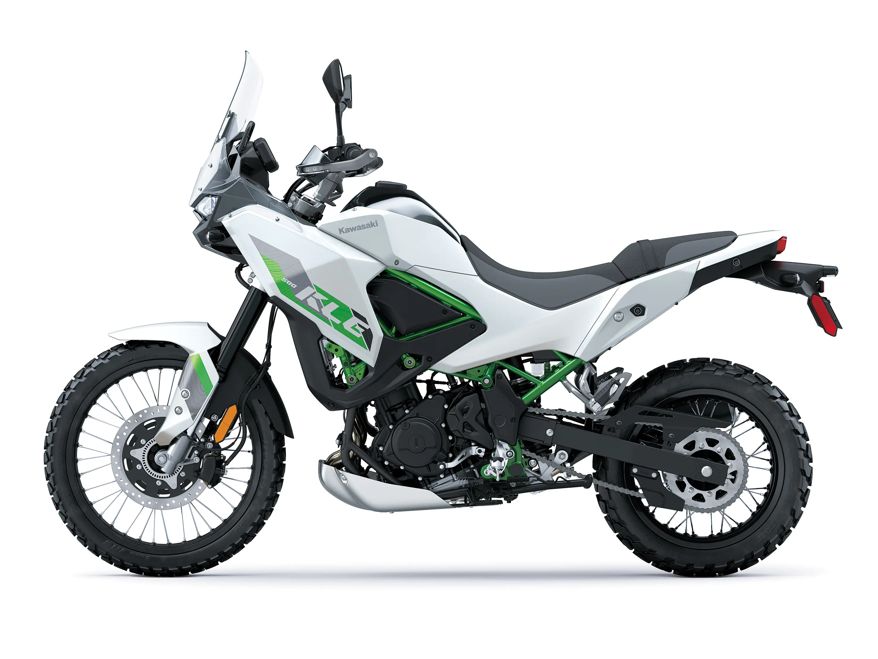 Profile angle of a motorcycle staged in a white studio background.