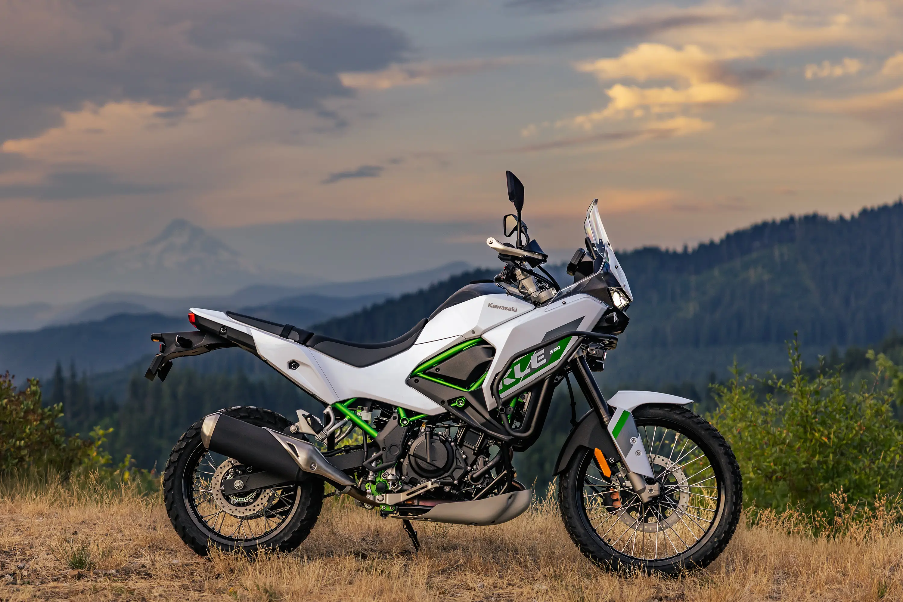 Side angle of a motorcycle parked off-road.
