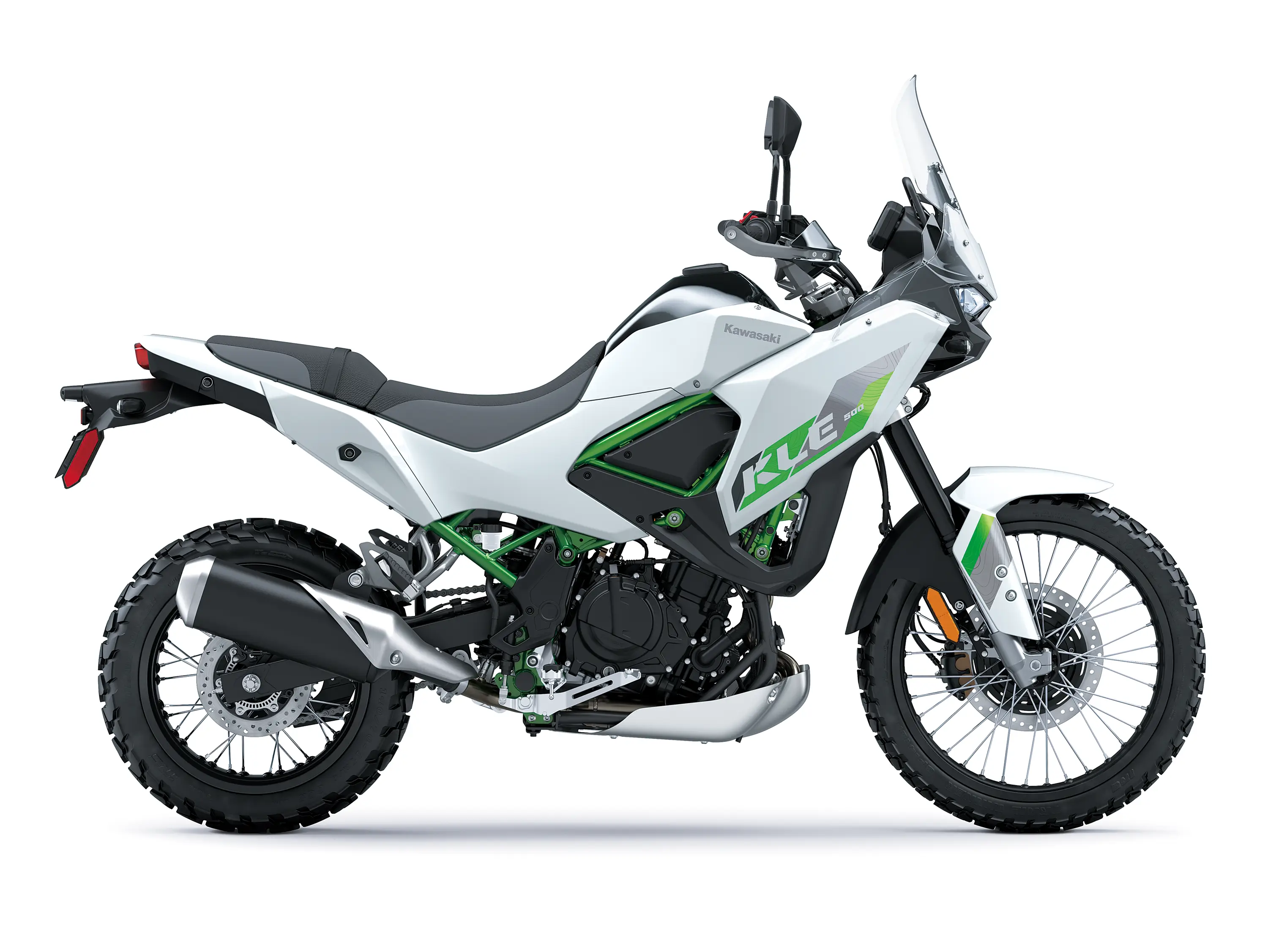 Side angle of a motorcycle staged in a white studio background.
