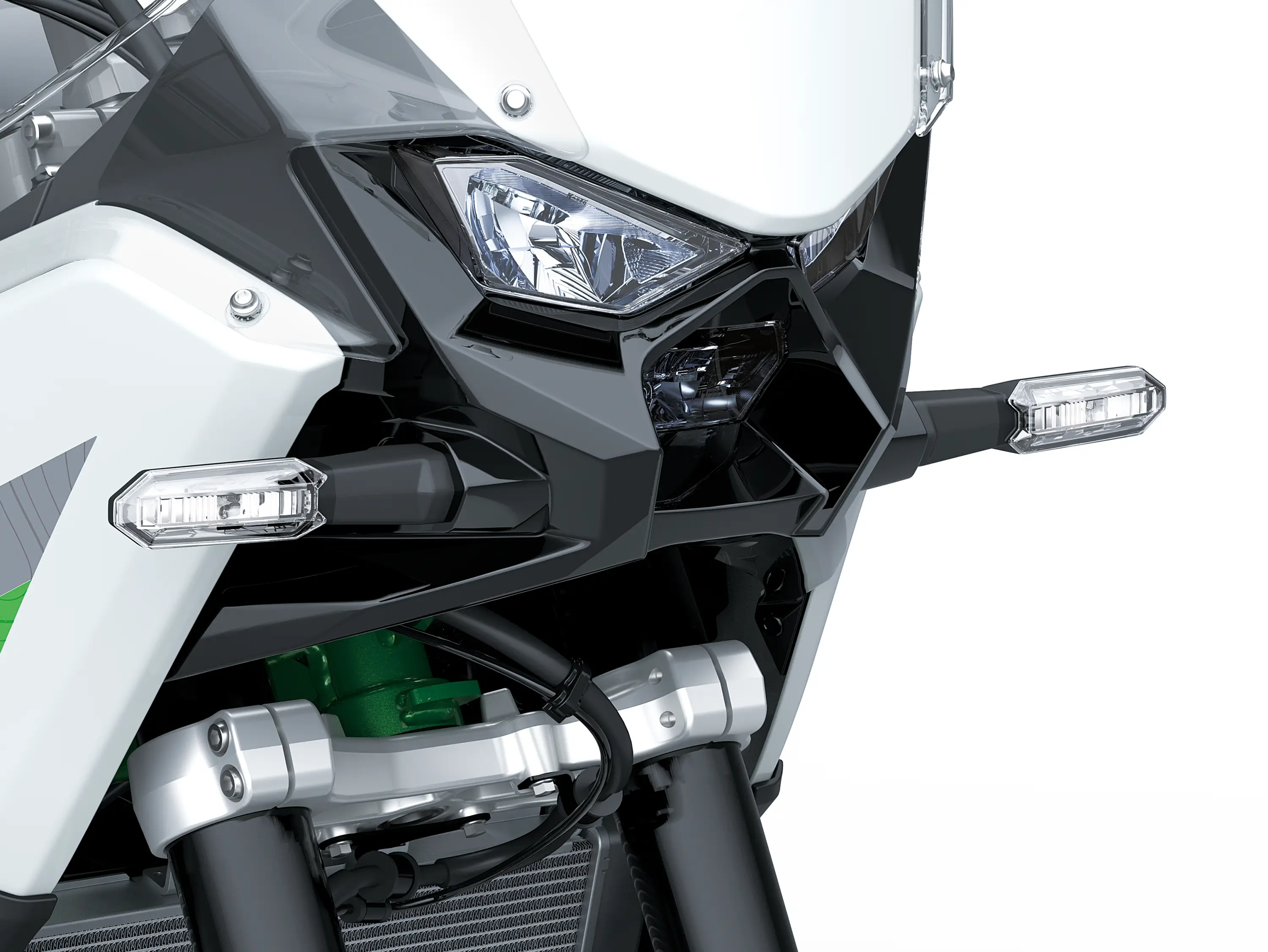 Front close in on headlights of a motorcycle staged in a white studio background.