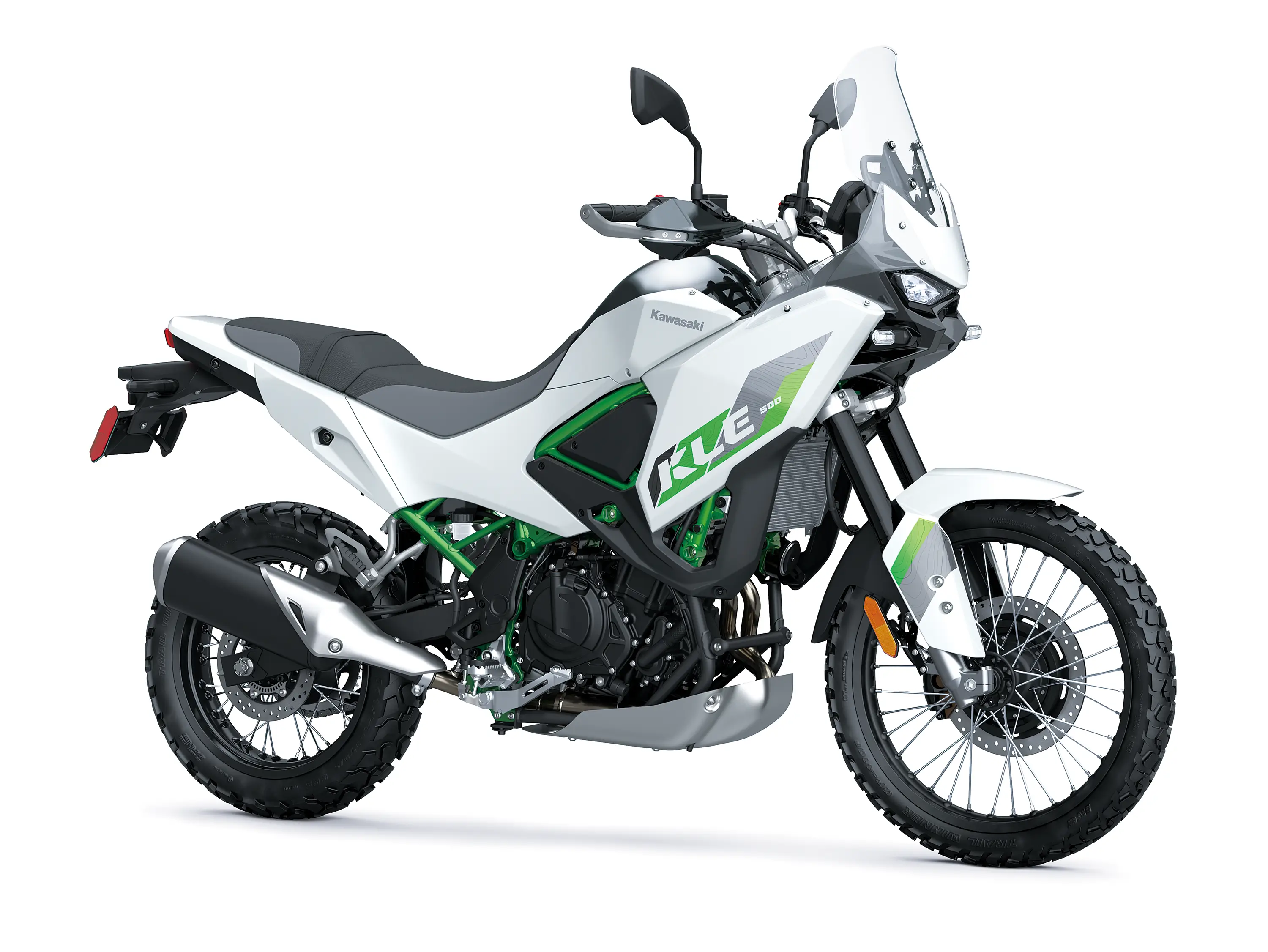 Three-quarter front angle of a motorcycle staged in a white studio background.
