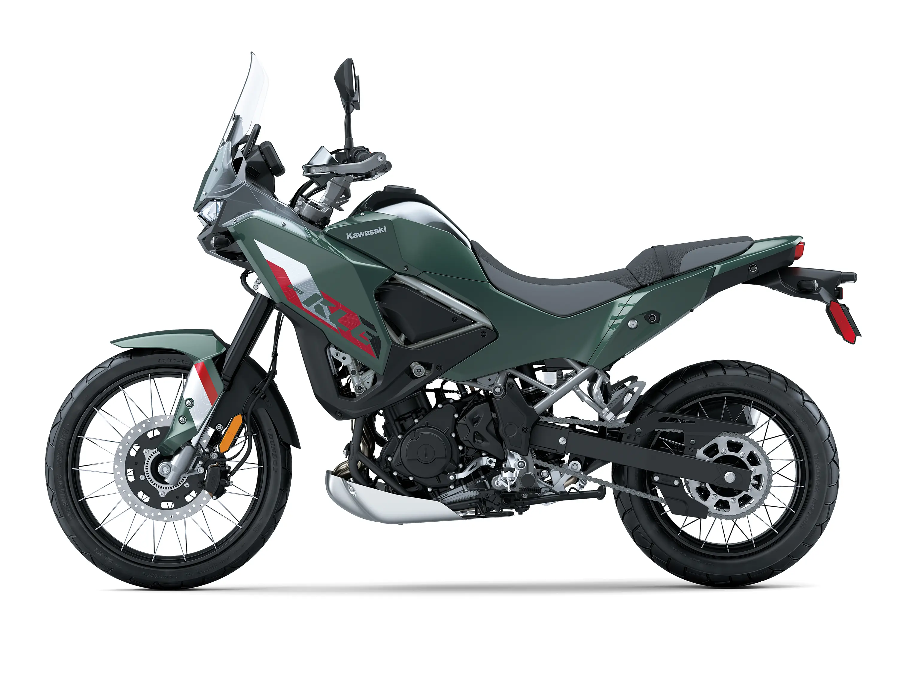 Side angle of a gray/green motorcycle staged in a white studio background.