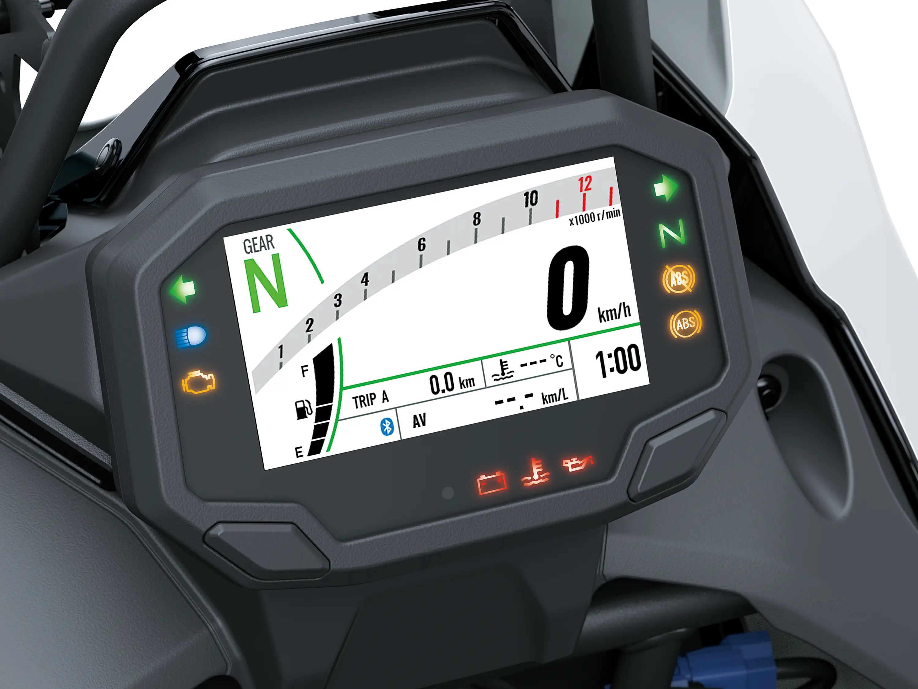 Infotainment screen of a motorcycle staged in a white studio background.