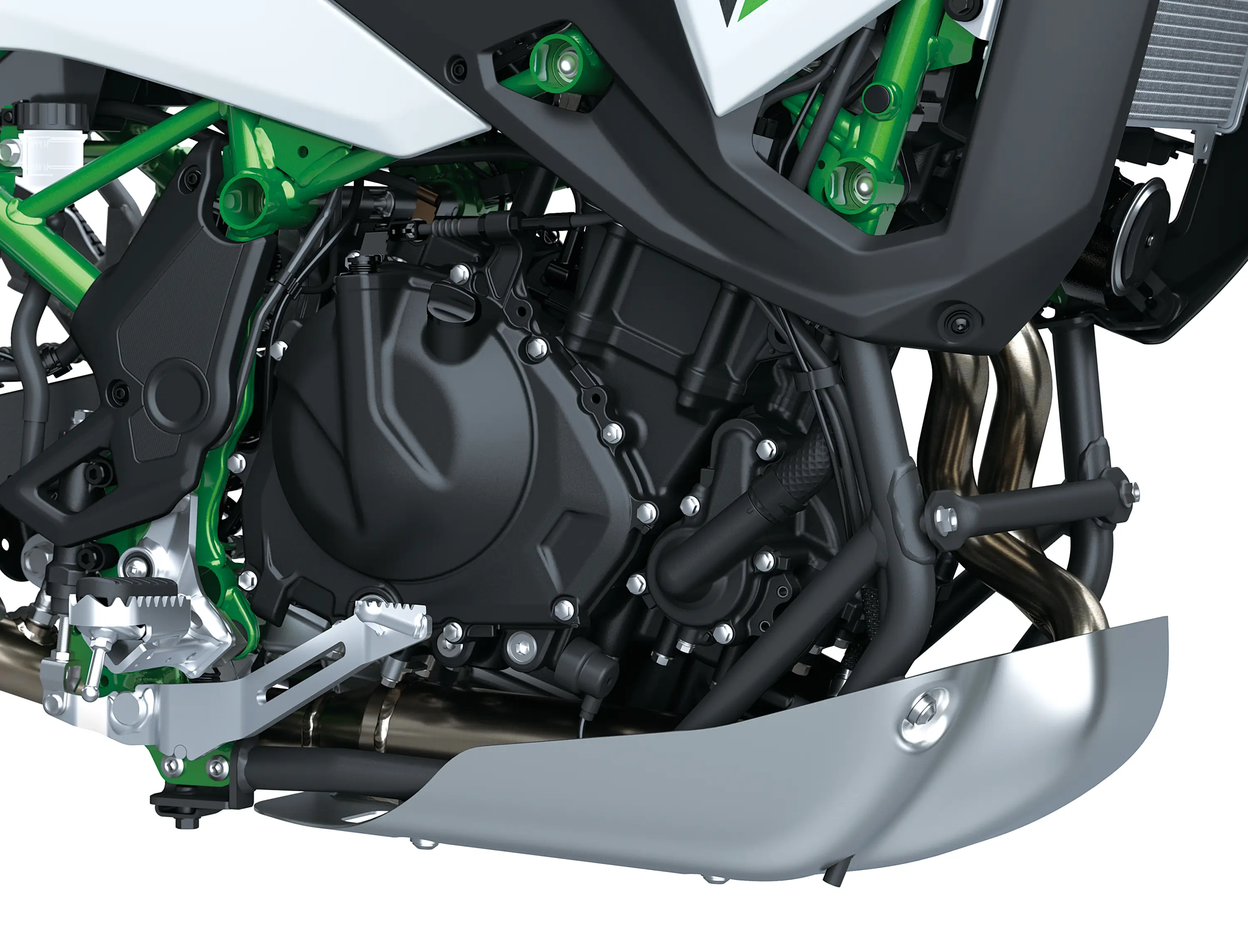 Closeup on engine of a motorcycle staged in a white studio background.
