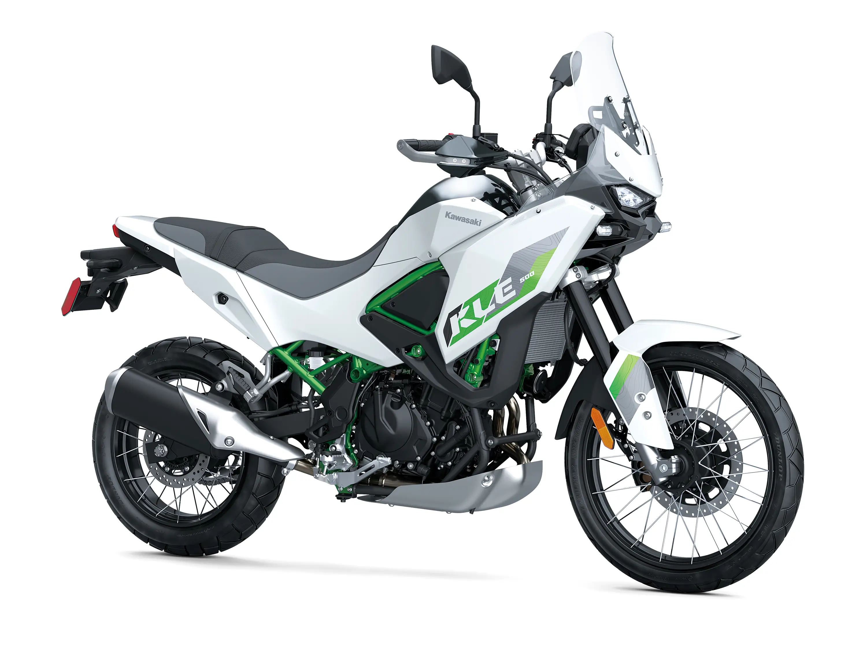 Three-quarter front angle of a motorcycle staged in a white studio background.