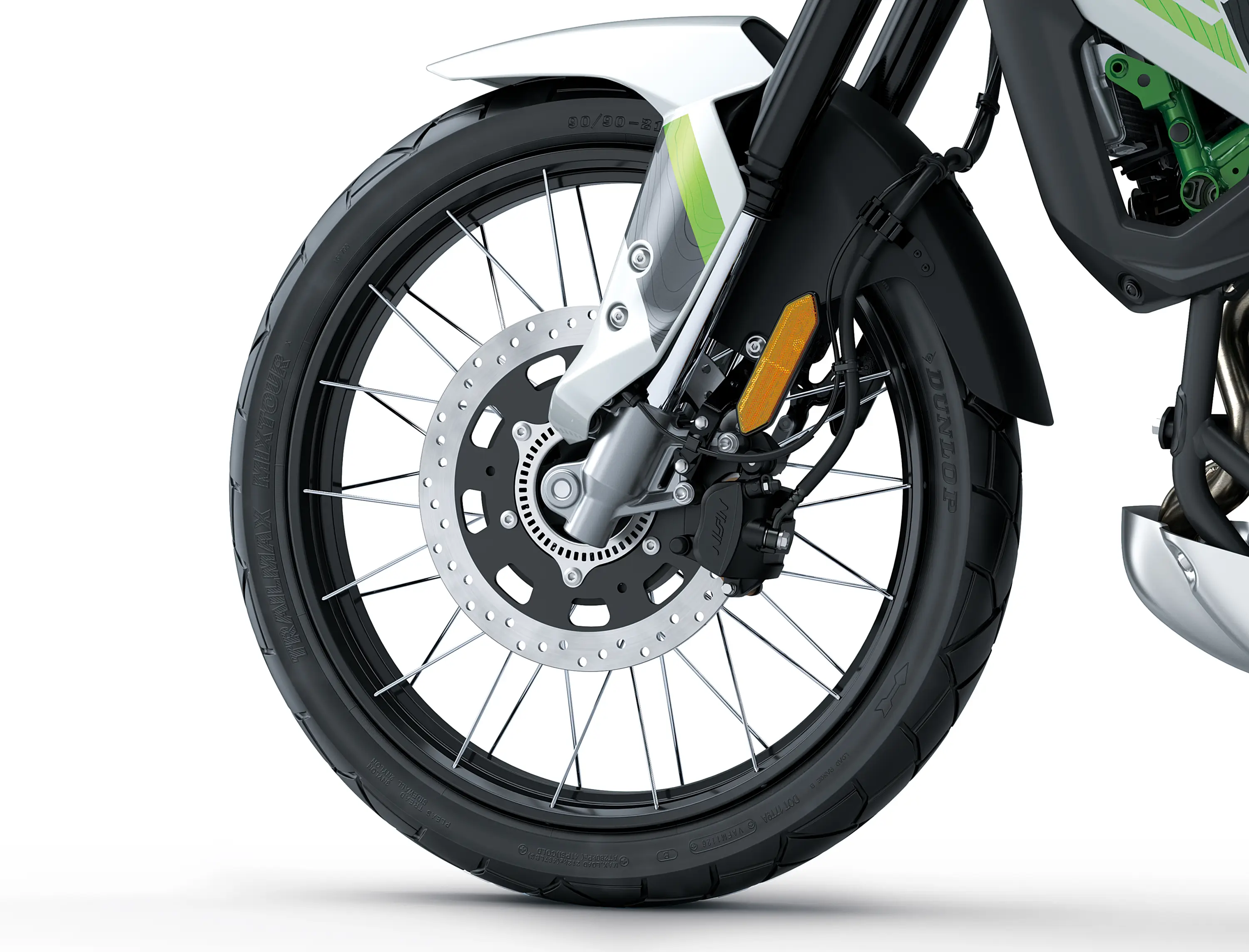 Closeup of a wheel of a motorcycle staged in a white studio background.
