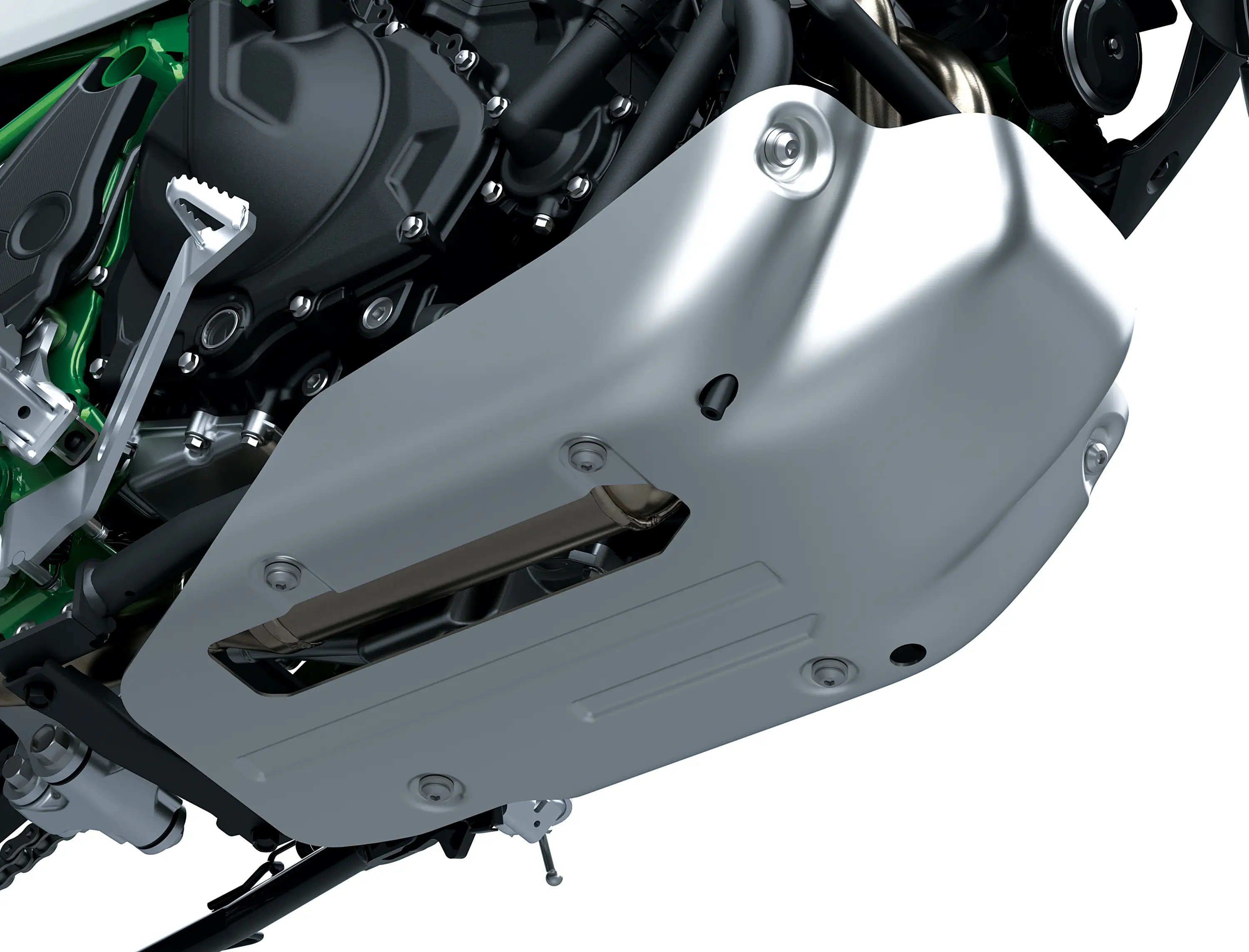 Underside of a motorcycle staged in a white studio background.