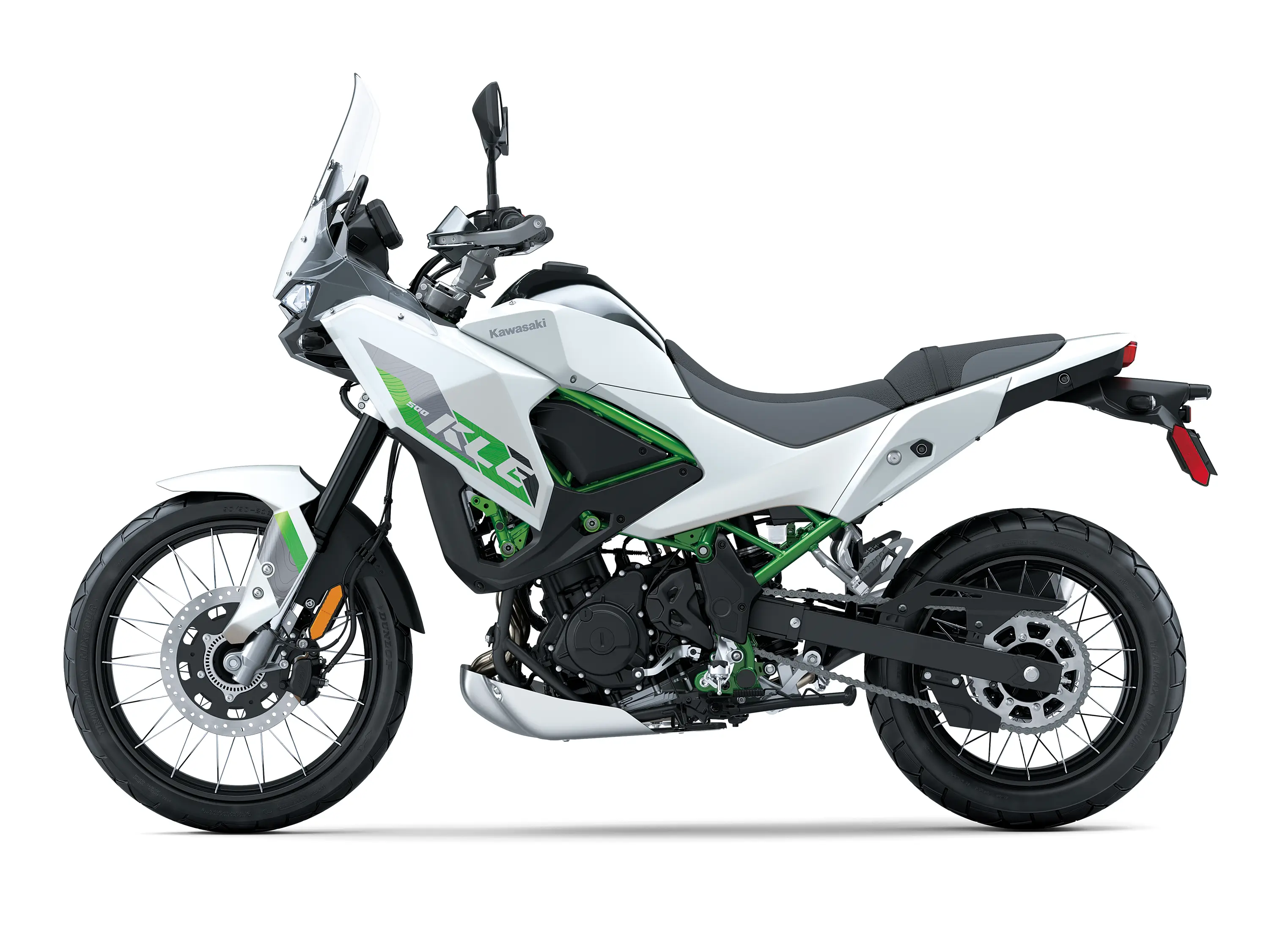 Profile angle of a motorcycle staged in a white studio background.
