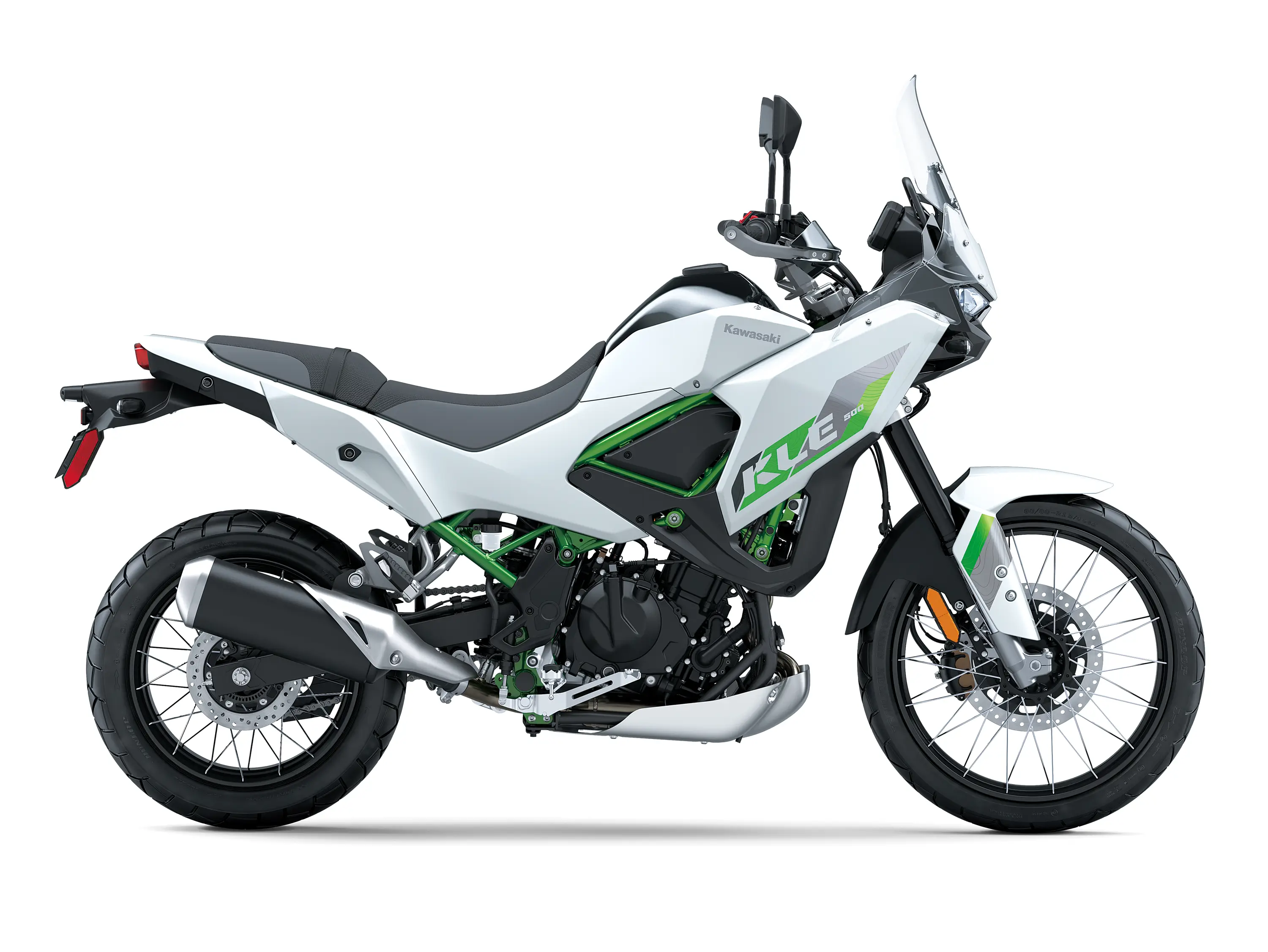 Side angle of a motorcycle staged in a white studio background.