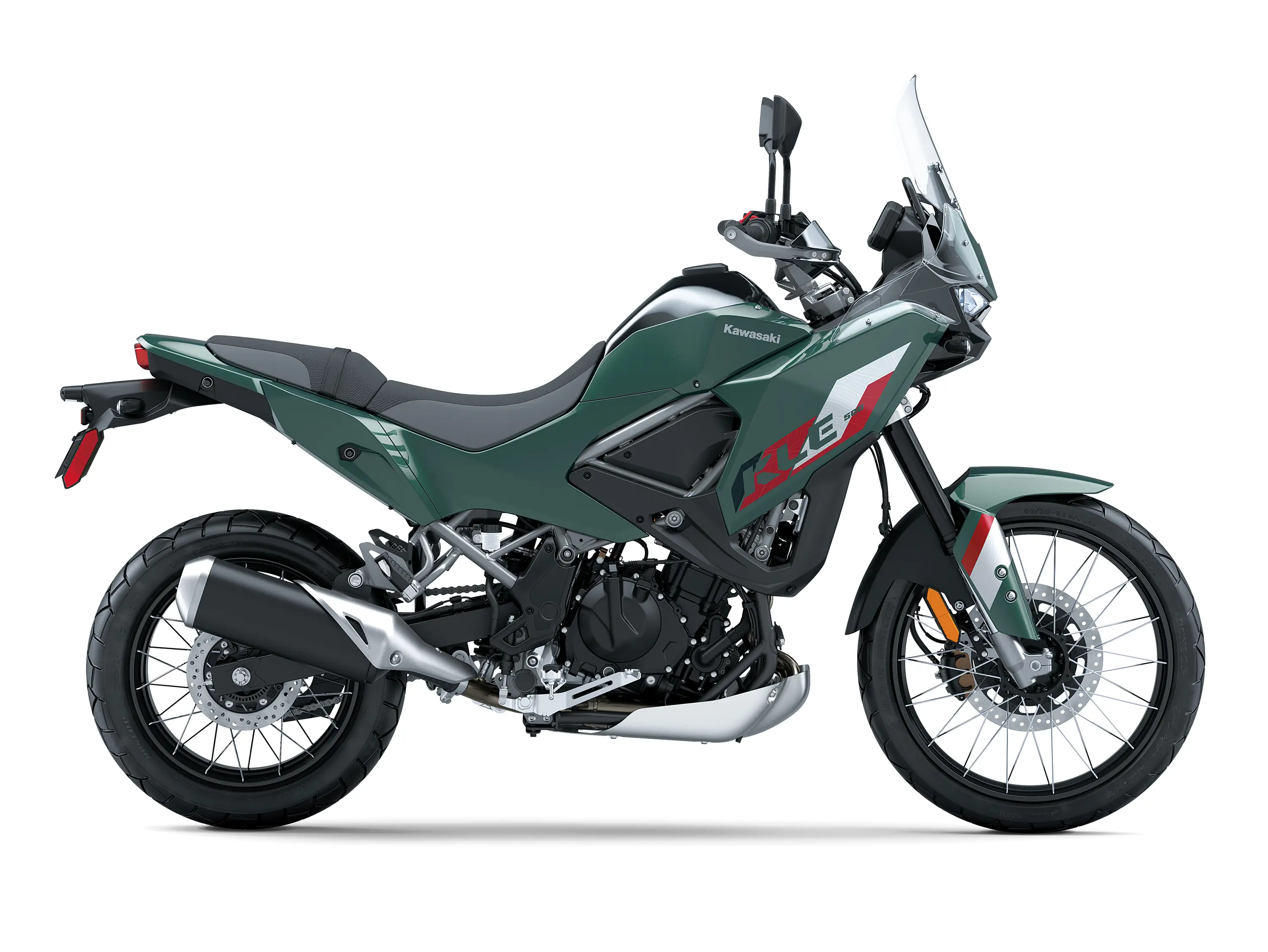 Profile angle of a gray/green motorcycle staged in a white studio background.