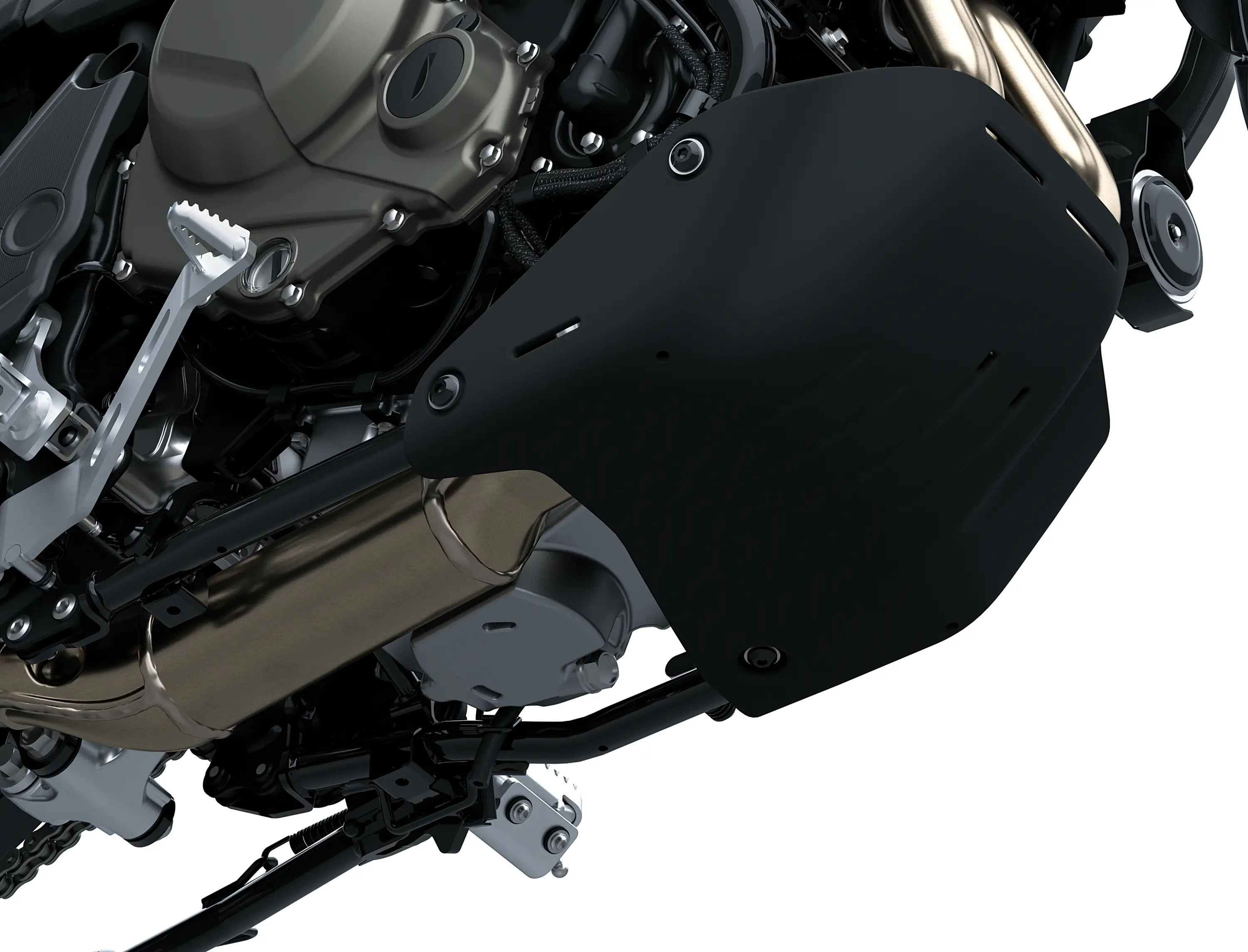 Detail photo of the skid plate of a motorcycle in a white studio background.