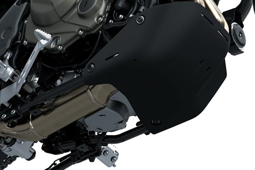 Detail photo of the skid plate of a motorcycle in a white studio background. opens in a new window