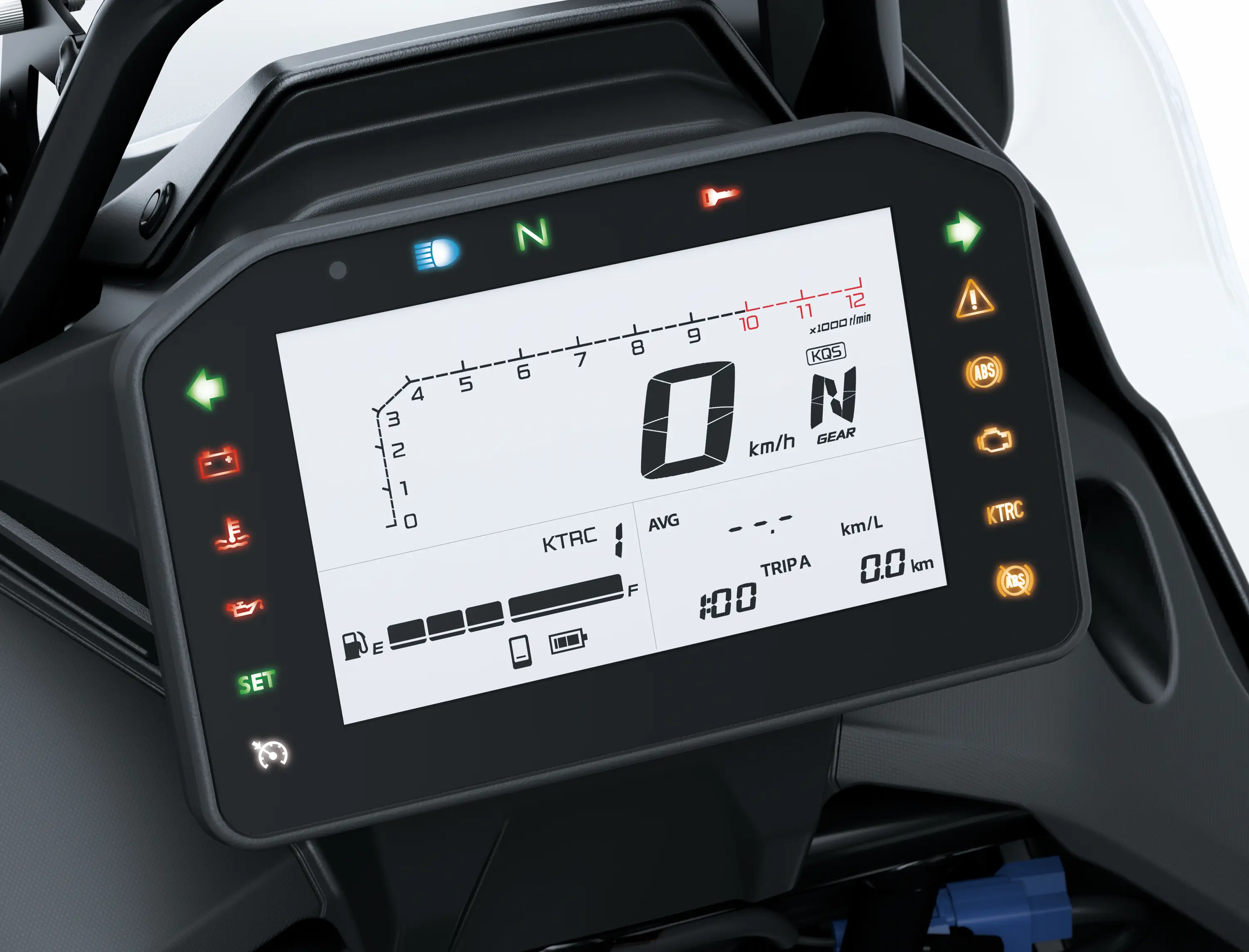 Detail photo of the TFT dash of a motorcycle in a white studio background.