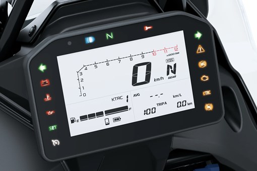 Detail photo of the TFT dash of a motorcycle in a white studio background. opens in a new window