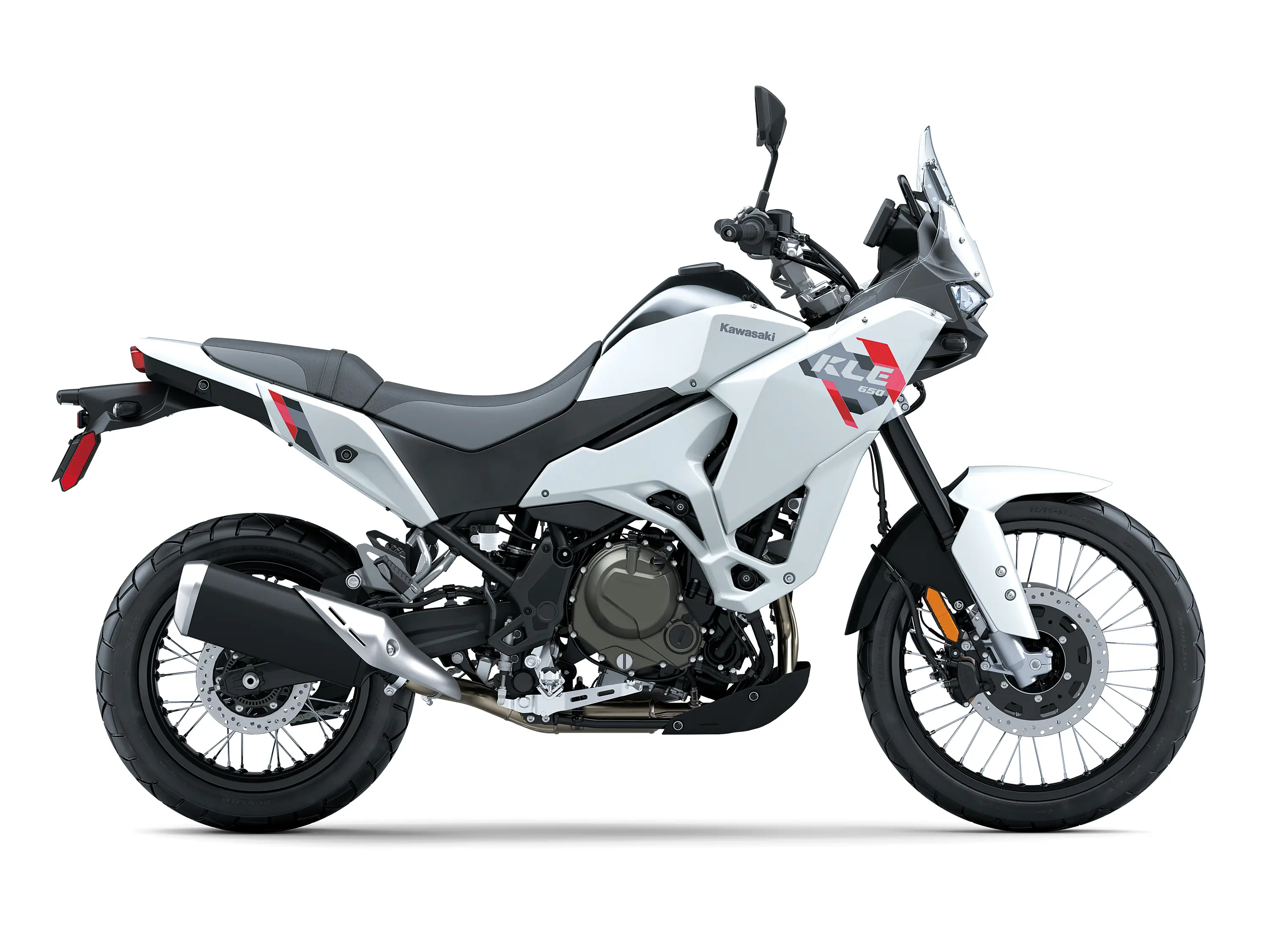 Right side view of a white motorcycle staged in a white studio background.