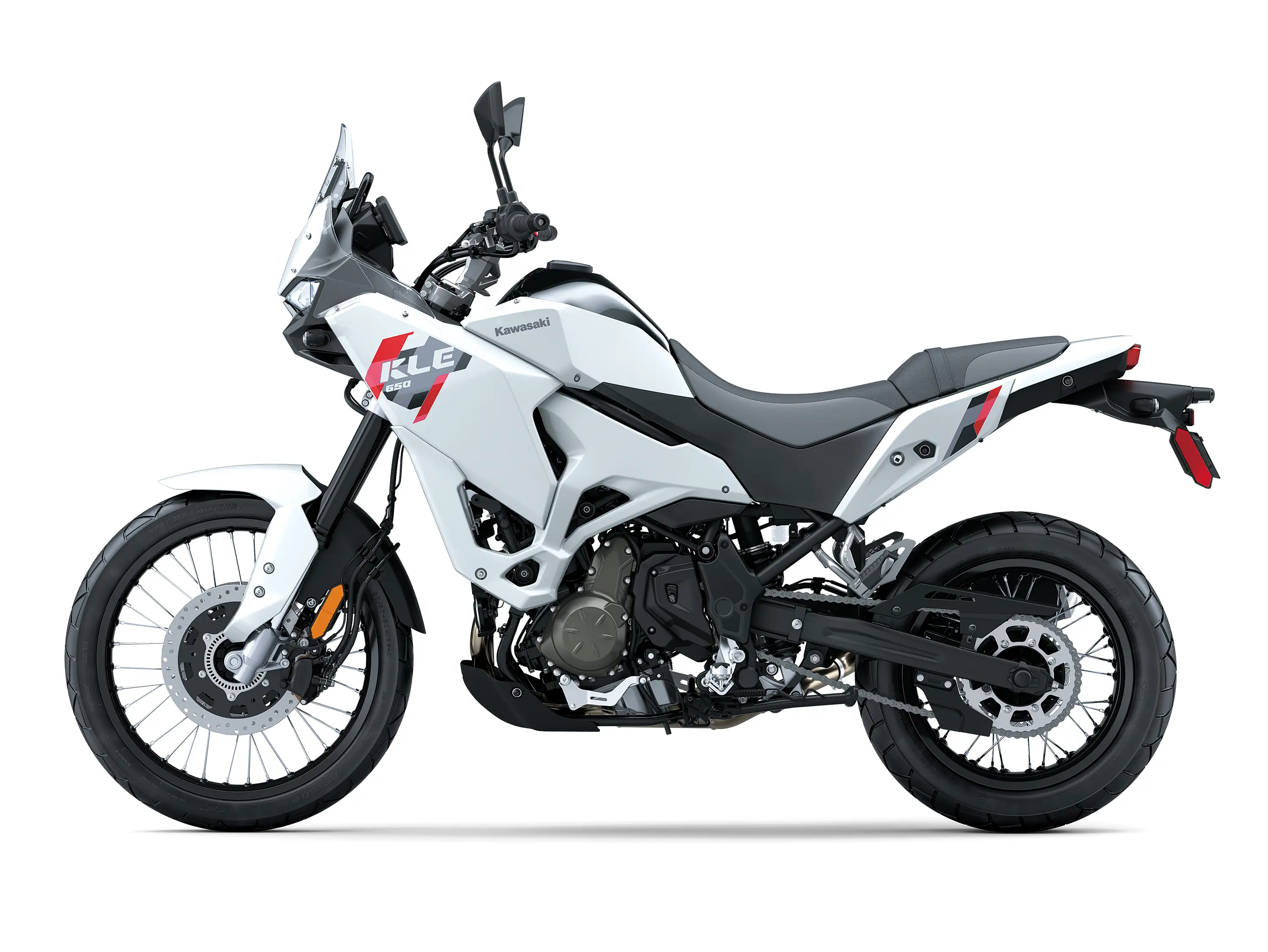 Left side view of a white motorcycle staged in a white studio background.