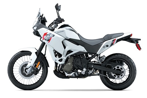 Left side view of a white motorcycle staged in a white studio background. opens in a new window