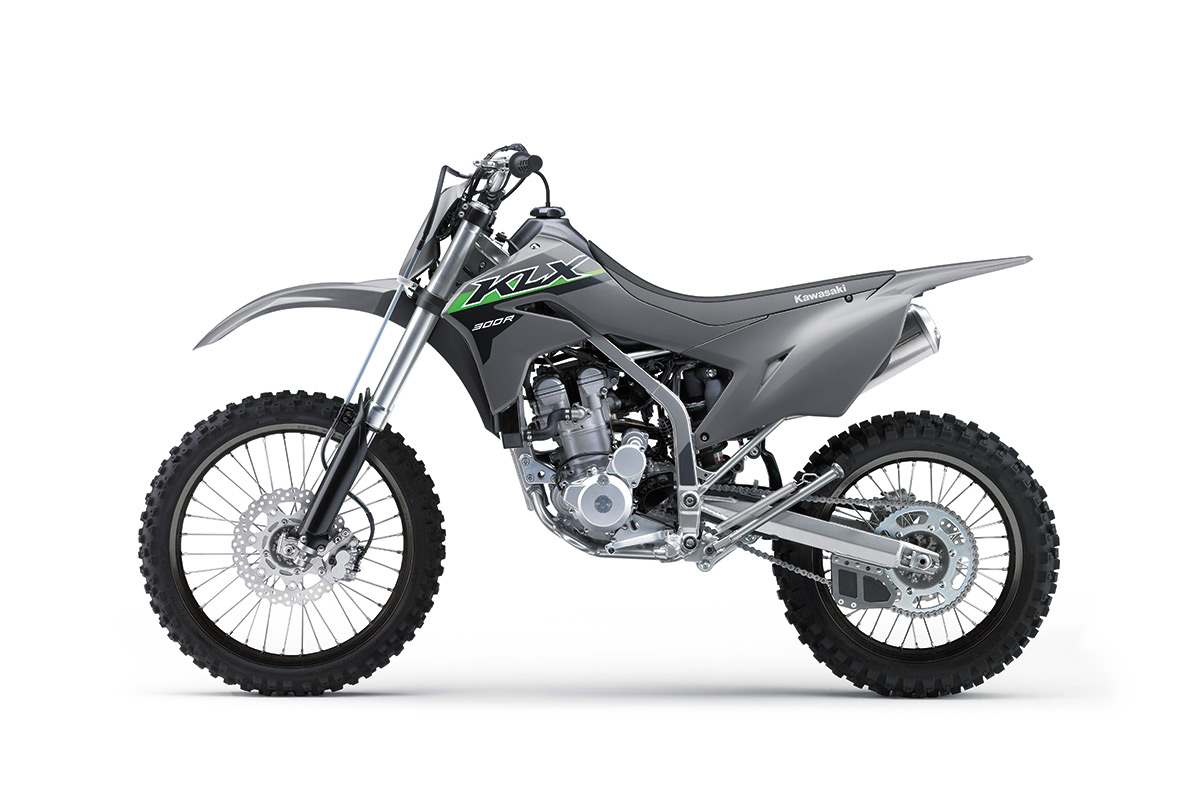 Profile angle of a motorcycle staged in a white studio background.