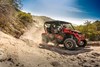 Profile angle of a person and passengers driving a side x side off-road.