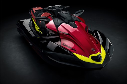 Three-quarter front angle of a personal watercraft staged in a black studio background. opens in a new window