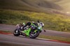 Profile angle of a person on a motorcycle leaning into a corner on a track.