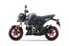 Profile angle of a gray motorcycle staged in a white studio background.
