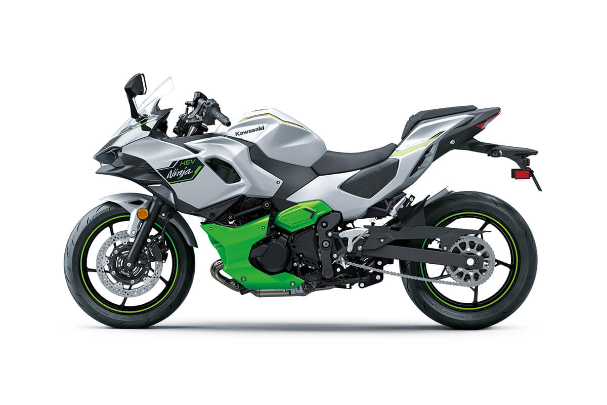 Profile angle of a motorcycle staged in a white studio background.