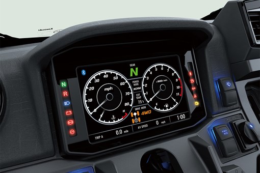 Closeup view of a side x side's instrument panel. opens in a new window