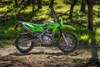Side angle of a motorcycle staged off-road.