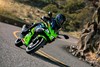 Front angle of a person riding a motorcycle on a road.