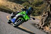 Front angle of a person riding a motorcycle on a winding road.