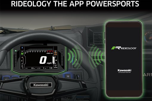 Graphic treatment showing RIDEOLOGY THE APP POWERSPORTS can be used in a side x side. opens in a new window