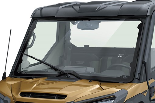 Closeup, three-quarter front angle of a side x side's windshield. opens in a new window