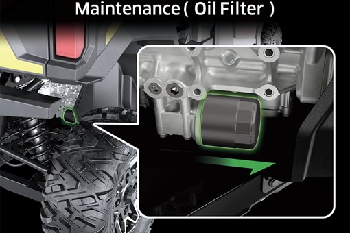 Graphic treatment showing where the oil filter is on a side x side. opens in a new window