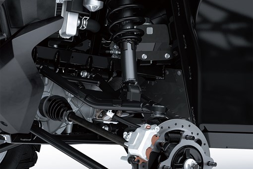 Closeup, three-quarter front angle of a side x side's suspension system. opens in a new window